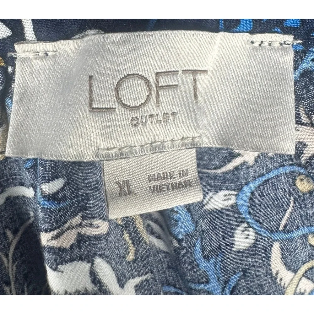 Loft Navy Floral Paisley Puff Sleeve XL Split Neck Rayon Top Boho Peasant